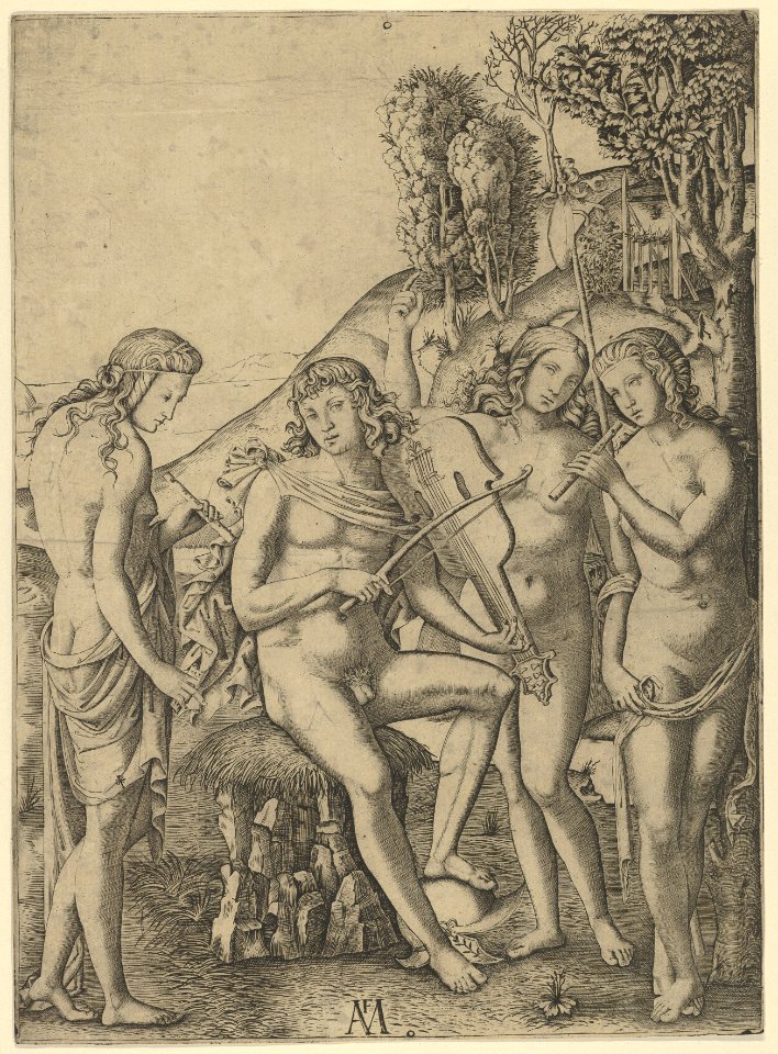 A young man, seated and playing the violin at centre, flanked by two woman holding flutes, another woman in the background MET DP853524