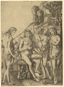 A young man, seated and playing the violin at centre, flanked by two woman holding flutes, another woman in the background MET DP853524