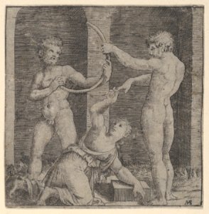 A woman kneeling at centre reaching up with her right hand to place a ring on the finger of a naked man holding a curved stick that is also held by another man at left MET DP854391