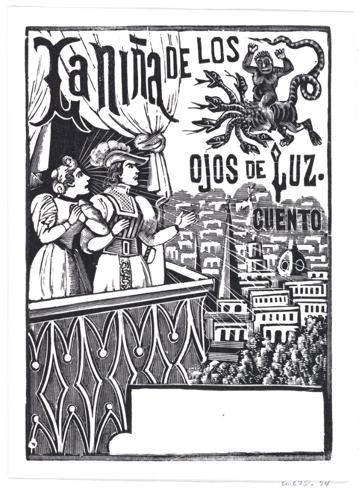 A woman and a man standing on a balcony looking up at a flying monster in the sky, published by Antonio Vanegas Arroyo MET DP869483