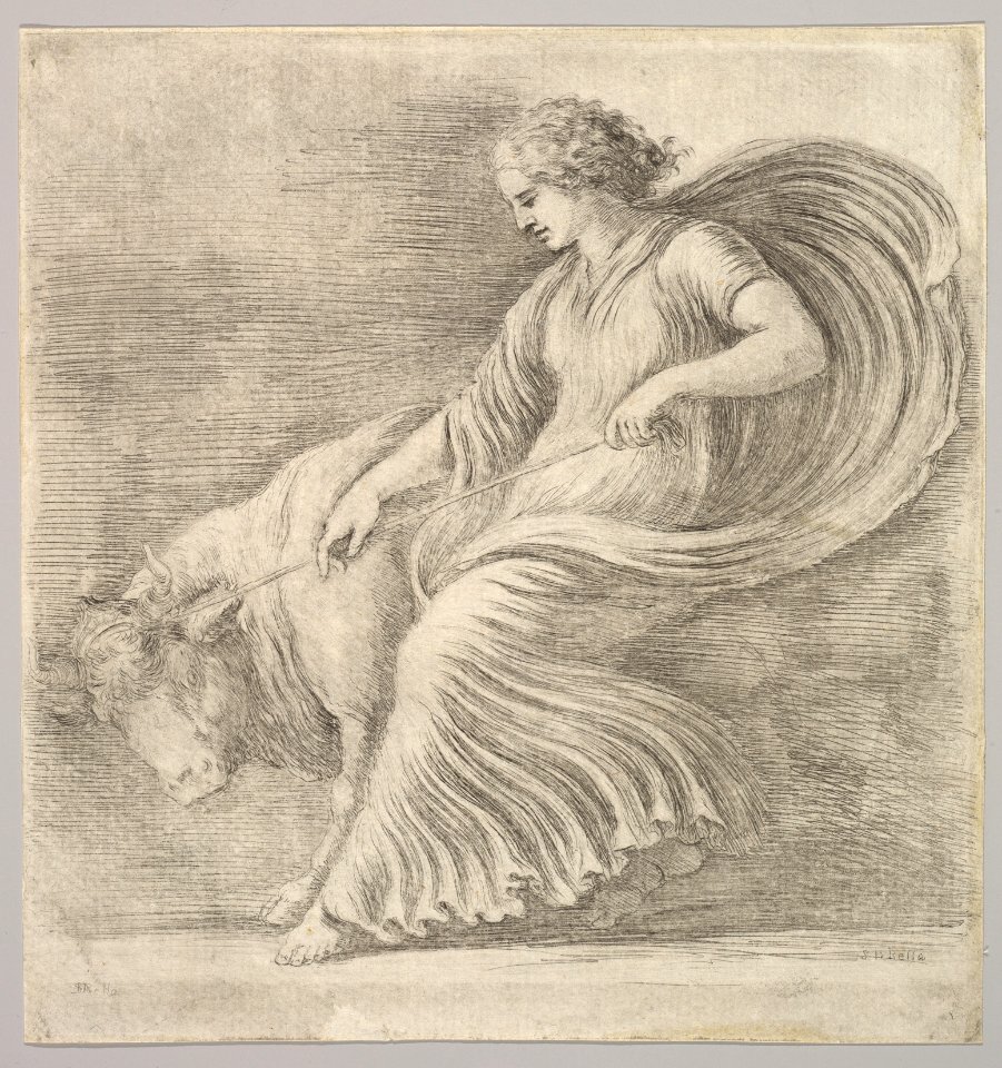 A woman in profile pulling back on a rope tied around the horns of a young bull MET DP829691