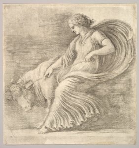 A woman in profile pulling back on a rope tied around the horns of a young bull MET DP829691