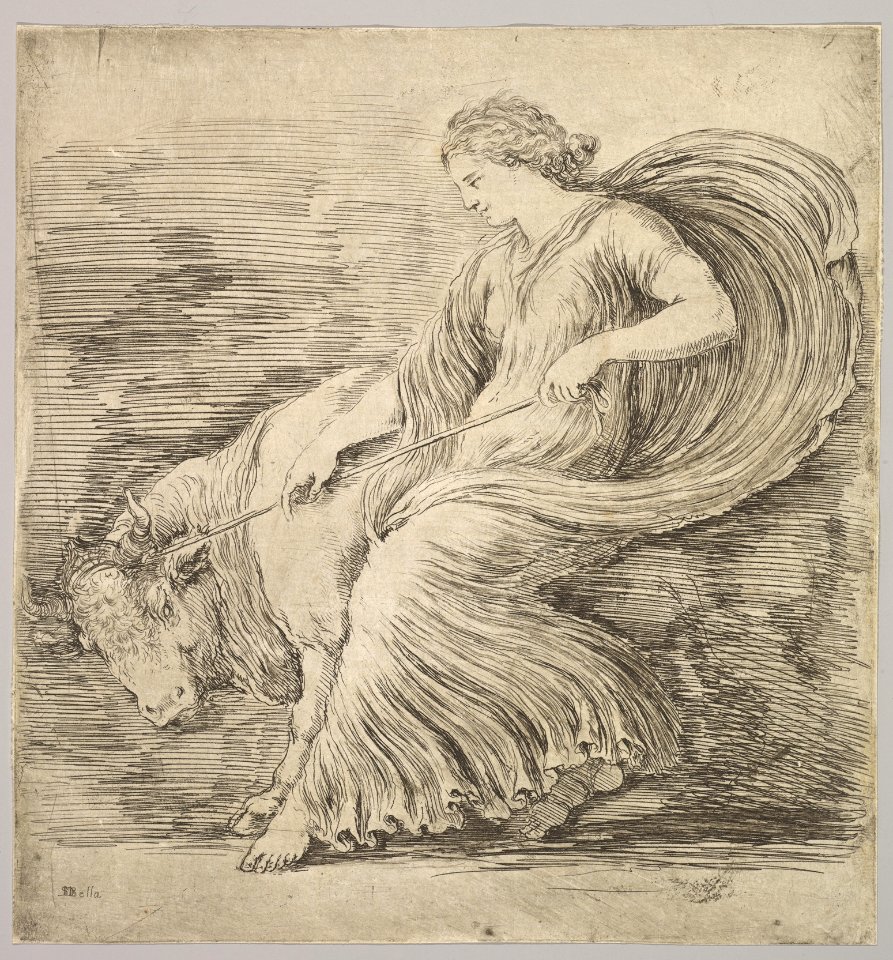 A woman in profile pulling back on a rope tied around the horns of a young bull MET DP829692