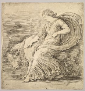 A woman in profile pulling back on a rope tied around the horns of a young bull MET DP829692