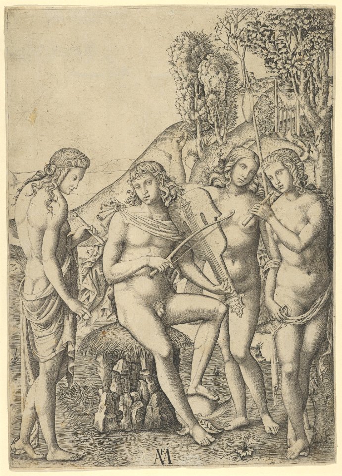 A young man, seated and playing the violin at centre, flanked by two woman holding flutes, another woman in the background MET DP853523