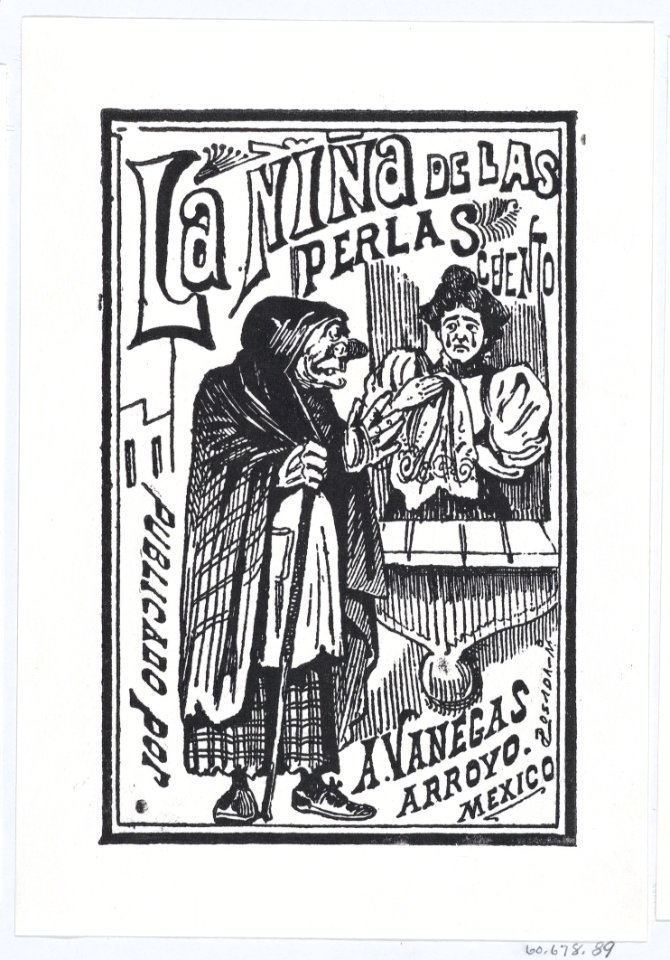 A woman crying with a handkerchief in her hand talking to an old hag, illustration for 'La Niña de las Perlas, published by Antonio Vanegas Arroyo MET DP869496