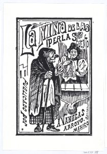 A woman crying with a handkerchief in her hand talking to an old hag, illustration for 'La Niña de las Perlas, published by Antonio Vanegas Arroyo MET DP869496