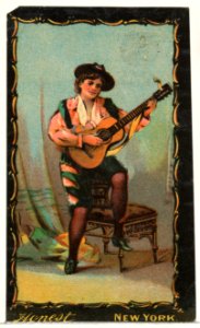 Actress playing guitar, from the Transparencies series (N137) issued by W. Duke, Sons & Co. to promote Honest Long Cut Tobacco MET DP865658. Free illustration for personal and commercial use.