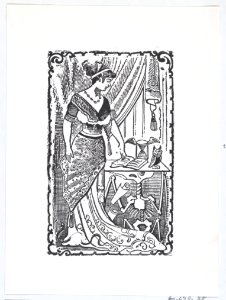 A woman pointing to a book on a desk with a skeleton underneath MET DP869395