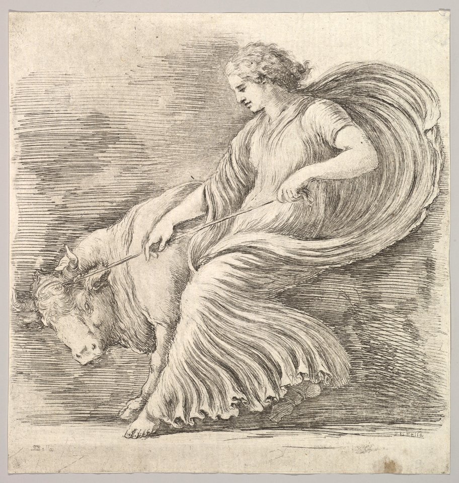 A woman in profile pulling back on a rope tied around the horns of a young bull MET DP829690