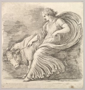 A woman in profile pulling back on a rope tied around the horns of a young bull MET DP829690