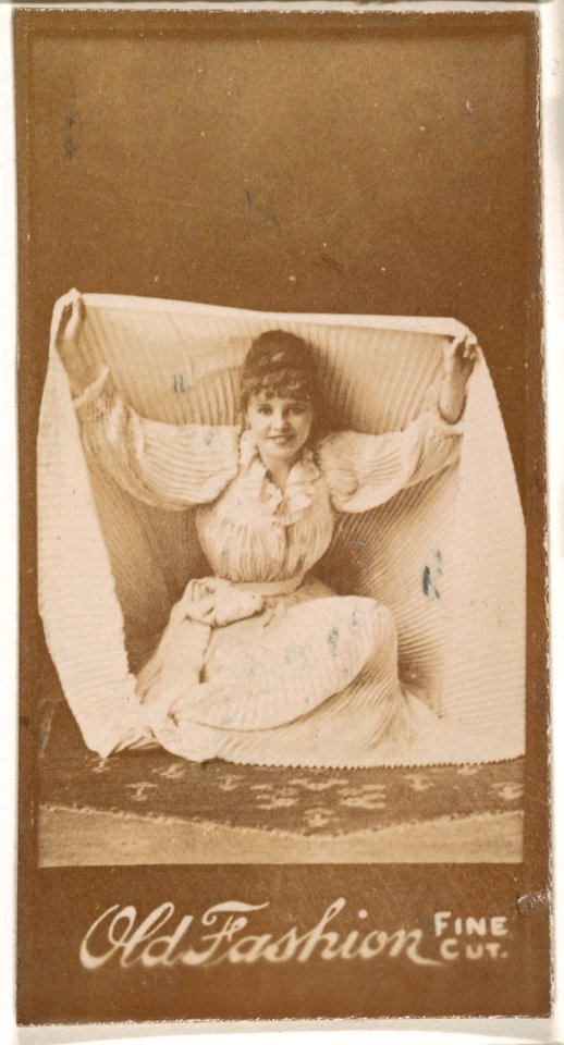 Actress holding part of skirt above head, from the Actresses series (N664) promoting Old Fashion Fine Cut Tobacco MET DPB869769