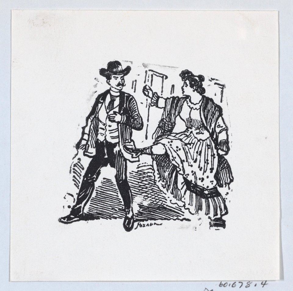A woman kicking a man while he walks away from her MET DP869229-1