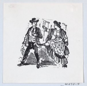 A woman kicking a man while he walks away from her MET DP869229-1