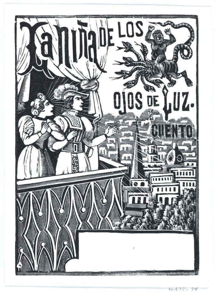 A woman and a man standing on a balcony looking up at a flying monster in the sky, published by Antonio Vanegas Arroyo MET DP874478