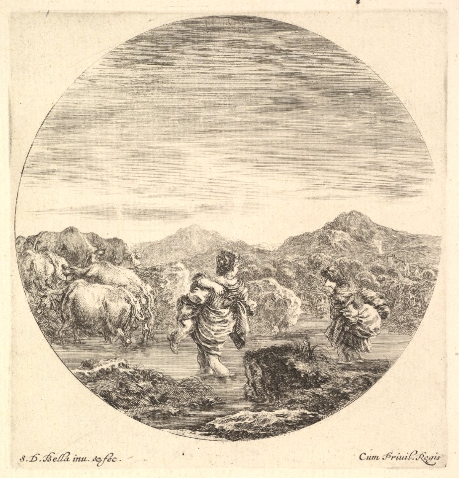 A woman carrying a child in center, seen from behind, another woman to right, facing left, following a group of cows across a river, a round composition, from 'Six animal subjects' (Six sujets d'animaux) MET DP827815