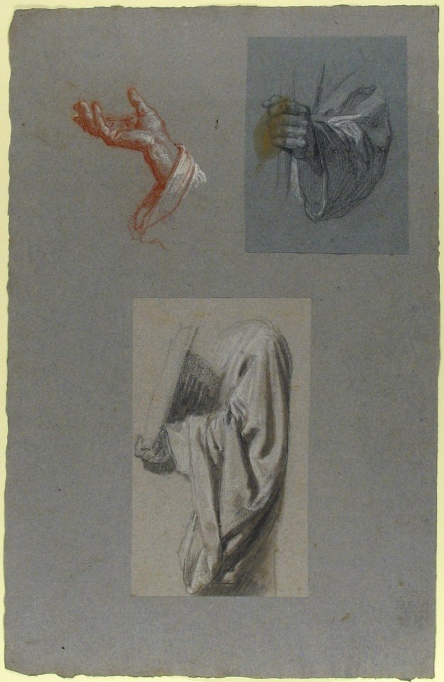 A. Hand of Saint Remi; b. Hand of Saint Remi; c. Drapery Study for Acolyte Holding Book (middle register); (studies for wall paintings in the Chapel of Saint Remi, Sainte-Clotilde, Paris, 1858) MET 1989.122.11a, b, c