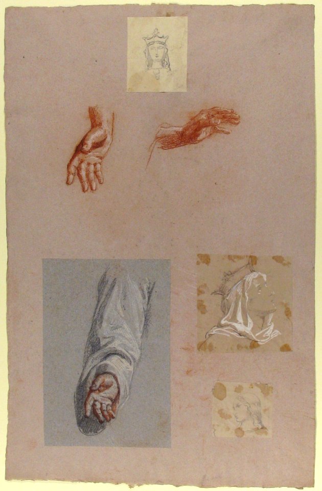 A. Hands of Saint Remi (lower register); b. Head of Saint Clotilde (upper register); c. Head of Saint Clotilde (lower register); d. Head of an Angel (upper register); e. Hand and Sleeve of Saint Remi MET 1989.122.19a-e