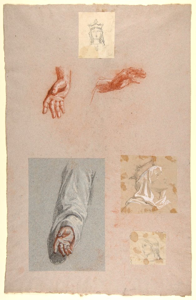 A. Hands of Saint Remi (lower register); b. Head of Saint Clotilde (upper register); c. Head of Saint Clotilde (lower register); d. Head of an Angel (upper register); e. Hand and Sleeve of Saint Remi MET DP812052