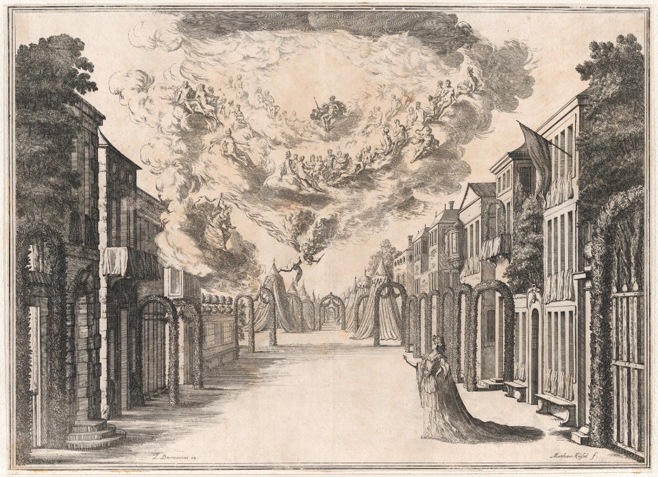 A woman standing on an empty street, gazing up at the Olympian gods in the sky; set design from 'Il Fuoco Eterno' MET DP874720
