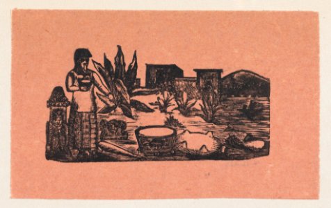 A woman standing in the countryside pointing to a tub of water MET DP869250-1