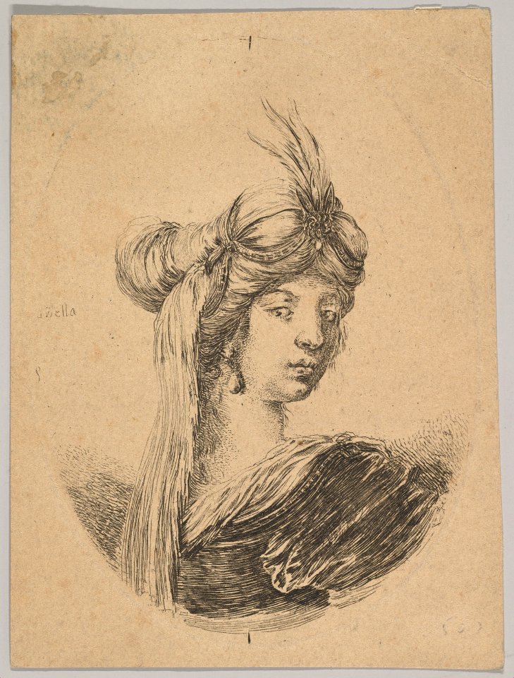 A woman wearing an ornate turban with a veil, seen from behind and turned three-quarters to the right, an oval composition, from 'Several heads in the Persian style' (Plusieurs têtes coiffées à la persienne) MET DP829717