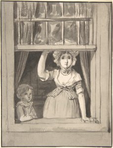 A Woman Standing at an Open Sash Window, a Small Boy Beside Her MET DP801462