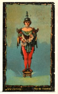 Actress in costume standing on wooden pedestal, from the Transparencies series (N137) issued by W. Duke, Sons & Co. to promote Honest Long Cut Tobacco MET DP865656