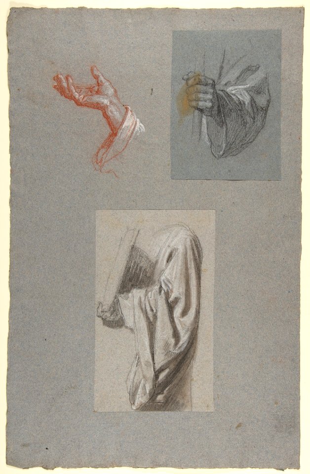 A. Hand of Saint Remi; b. Hand of Saint Remi; c. Drapery Study for Acolyte Holding Book (middle register); (studies for wall paintings in the Chapel of Saint Remi, Sainte-Clotilde, Paris, 1858) MET DP812042
