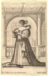 A woman standing, facing the left in profile, wearing a hat and a lace collar, reading from a prayer book MET DP829203