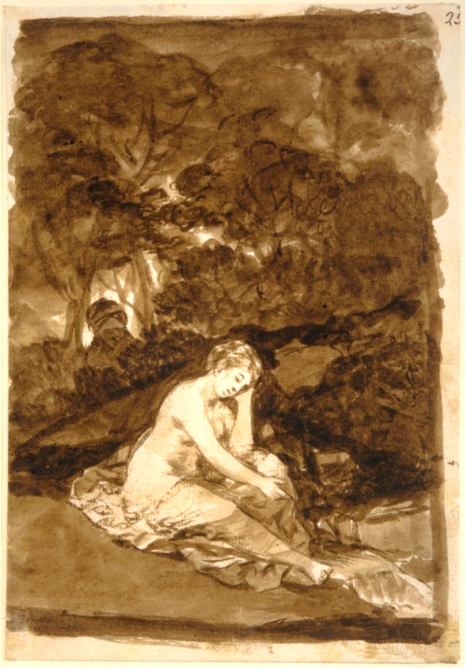 A Nude Woman Seated Beside a Brook (Summer?), from Images of Spain Album (F), page 32 MET APS3072