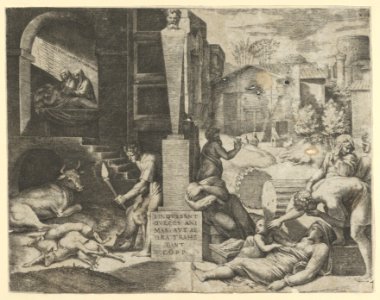 A plague scene at right, a man at left holding a torch illuminating part of the scene, ill people at the right MET DP854409
