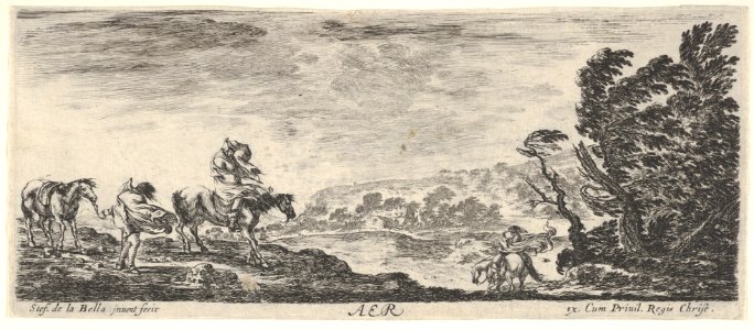 Air, a landscape during a hurricane, three horsemen battling the wind, a mass of trees to the right, from 'The four elements' (Les quatre Eléments) MET DP833237