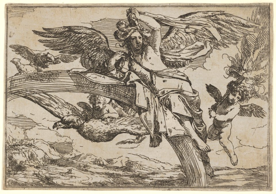 Air, represented by Iris reclining on her rainbow, accompanied by a winged putto bearing a torch and another winged putto riding an eagle, from the series 'The Elements' MET DP832191