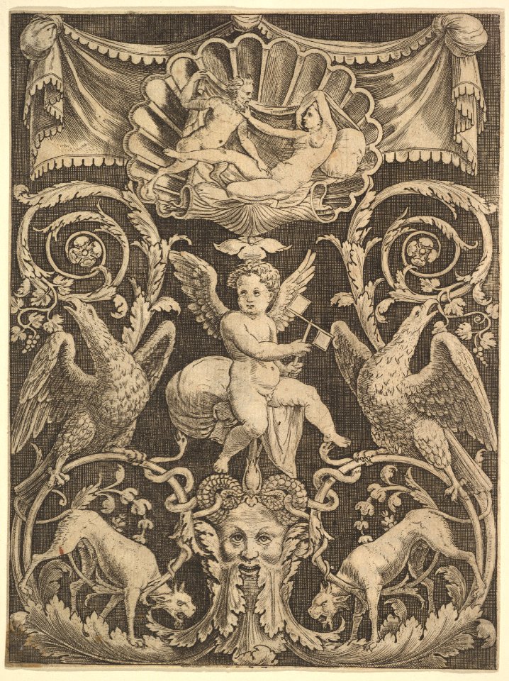 A panel of ornament with a putto in the centre holding a windmill MET DP824497