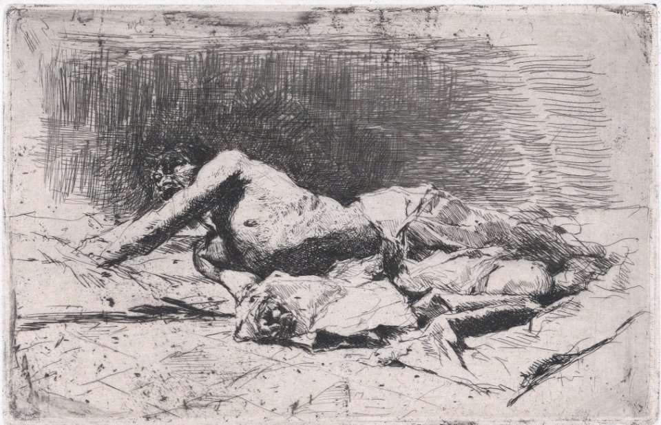 A partly naked man on the ground right arm outstretched MET DP876130