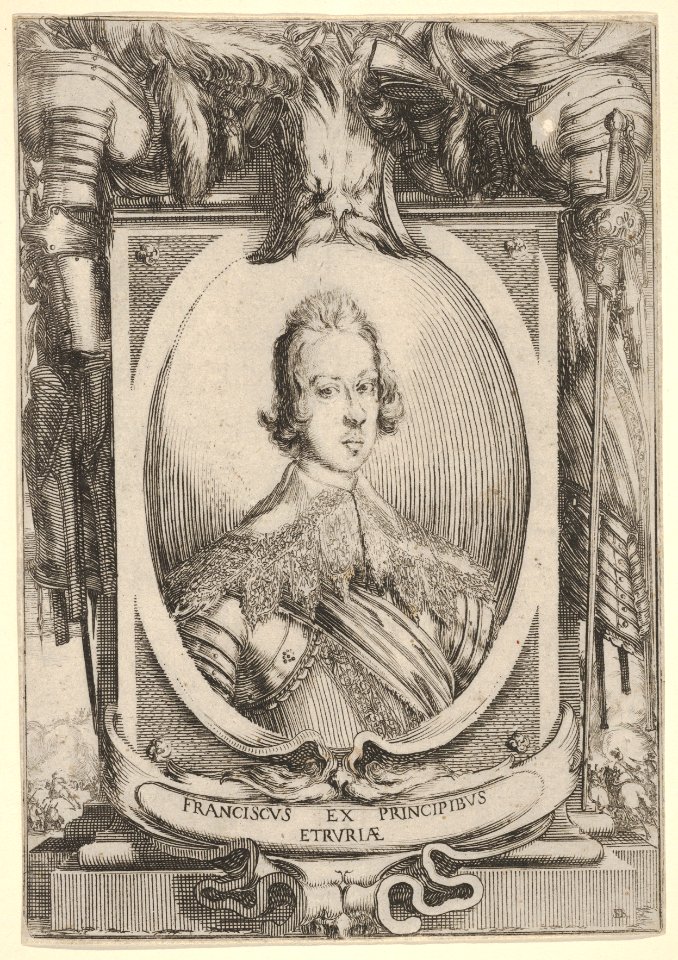A portrait of Francesco de' Medici, within an oval frame, decorated with military equipment, battle scenes at bottom left and right outside of frame MET DP833227