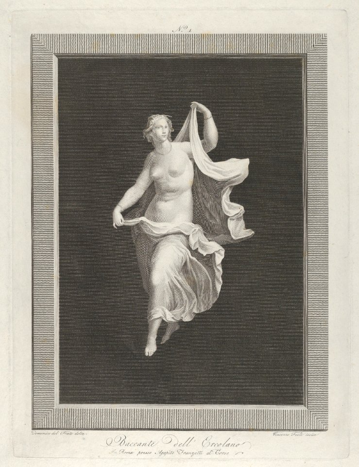 A partly naked bacchante stepping forward and holding ends of her drapery in each hand, set against a black background inside a rectangular frame MET DP842059