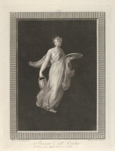A partly naked bacchante holding a disk in her raised left hand and a bucket in her right, set against a black background inside a rectangular frame MET DP842061