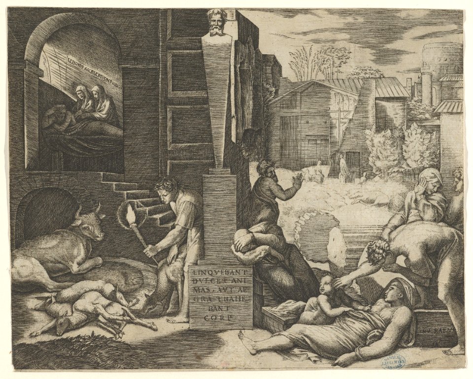 A plague scene at right, a man at left holding a torch illuminating part of the scene at left, ill people at the right MET DP854410