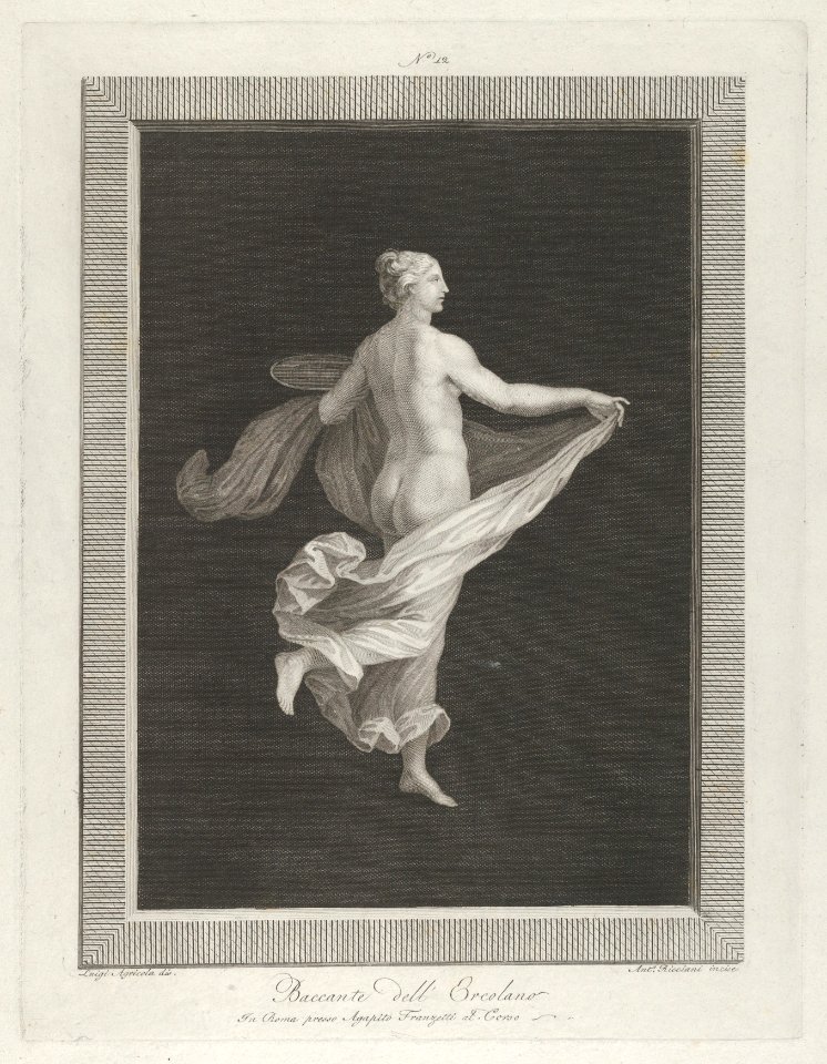 A partly naked bacchante seen from behind, facing right and holding an oval dish in her left hand, her drapery in her right, set against a black background inside a rectangular frame MET DP842053