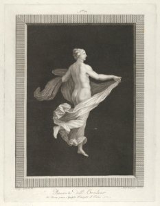 A partly naked bacchante seen from behind, facing right and holding an oval dish in her left hand, her drapery in her right, set against a black background inside a rectangular frame MET DP842053