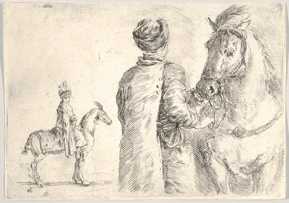 A Polish valet, seen from behind, holding the bridle of a horse to right, a Polish horseman in profile to left in the background MET DP831102