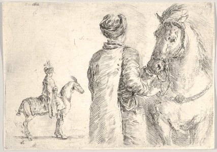 A Polish valet, seen from behind, holding the bridle of a horse to right, a Polish horseman in profile to left in the background MET DP831102