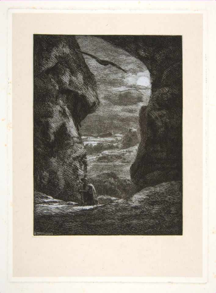 A peasant traversing a dark and rocky gorge in the moonlight, From Titres de Romance MET DP814146