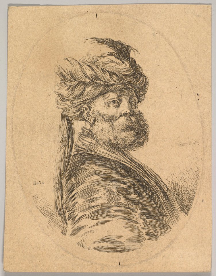 A Turkish man with a beard and turban with one long feather in front, turned three-quarters to the right, an oval composition, from 'Several heads in the Persian style' (Plusieurs têtes coiffées à la persienne) MET DP829715
