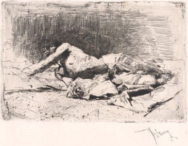 A partly naked man on the ground, right arm outstretched MET DP876129