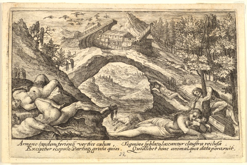 Aftermath of the Flood- human bodies strewn on dry land in the foreground, Noah's ark moored on a rocky outcrop beyond, from a series of engravings for the 'Liber Genesis' MET DP828360