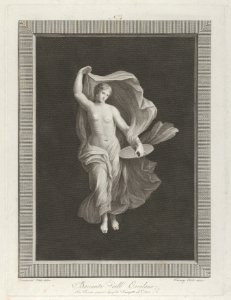 A partly naked bacchante holding a disk in her left hand and raising her garments with right, set against a black background inside a rectangular frame MET DP842062