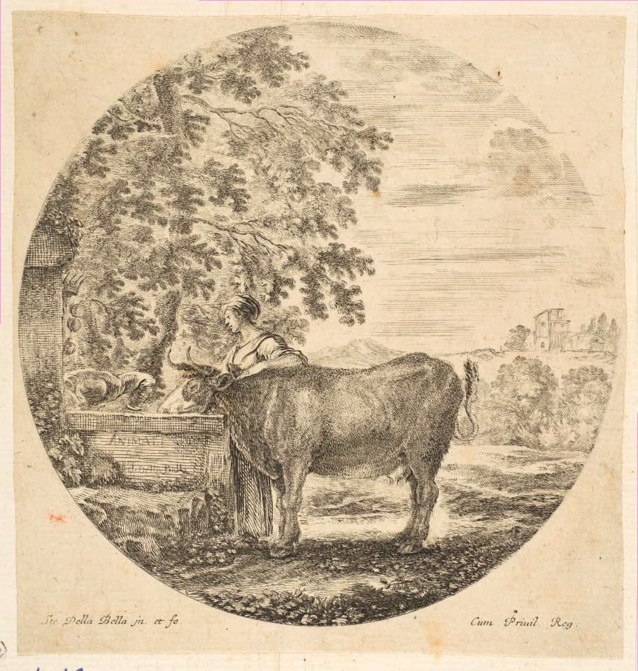 A peasant woman with a cow at a fountain decorated with the Medici arms, from 'Six animal subjects' (Six sujets d'animaux) MET DP817925